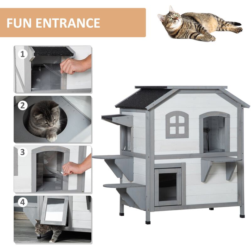 White Outdoor Cat Home: 2-Story Shelter with Escape Door and Platforms