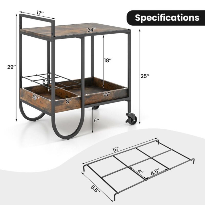 Hivvago Rolling Buffet Serving Cart with Removable Metal Wire Wine Rack-Brown