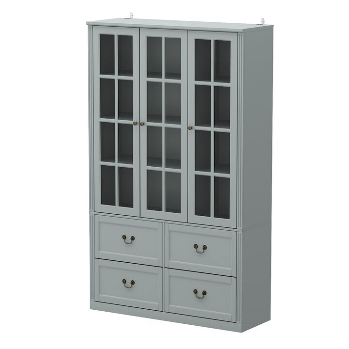 47.2 in. W x 78.7 in. Tall 8-Shelf Gray Wood Standard Bookcase Bookshelf With Glass Doors, Adjustable Shelves, Drawers