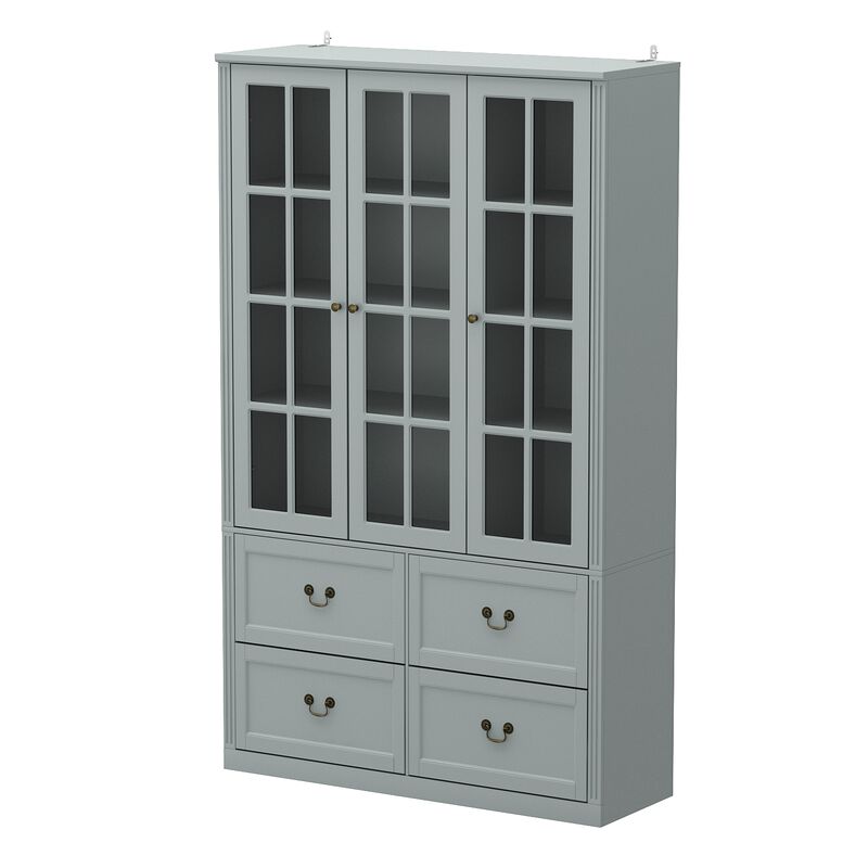 47.2 in. W x 78.7 in. Tall 8-Shelf Gray Wood Standard Bookcase Bookshelf With Glass Doors, Adjustable Shelves, Drawers