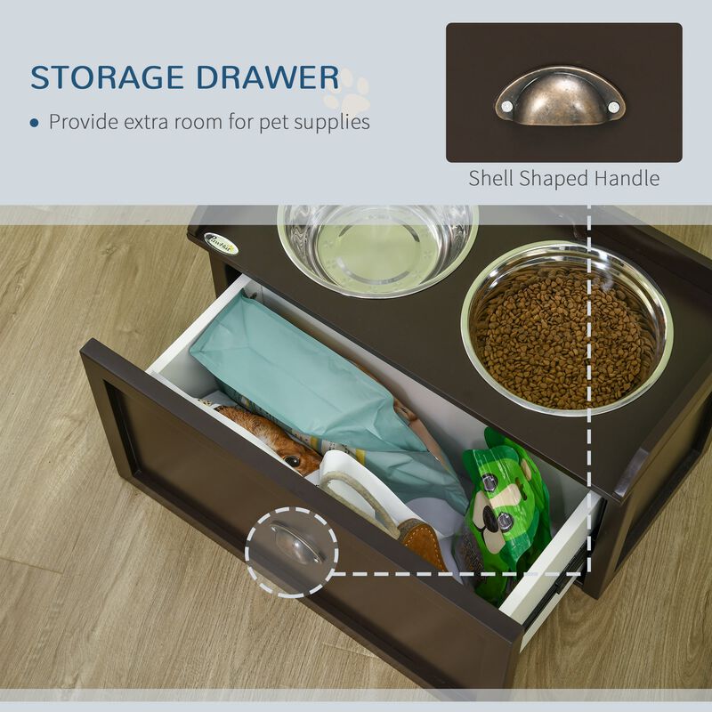 Brown Pet Feeder: Large Elevated Dog Bowls with 21L Storage Drawer