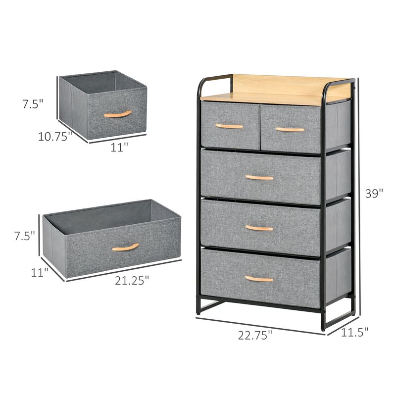 Light Gray Bedroom Tower: 5-Drawer Dresser with Steel Frame