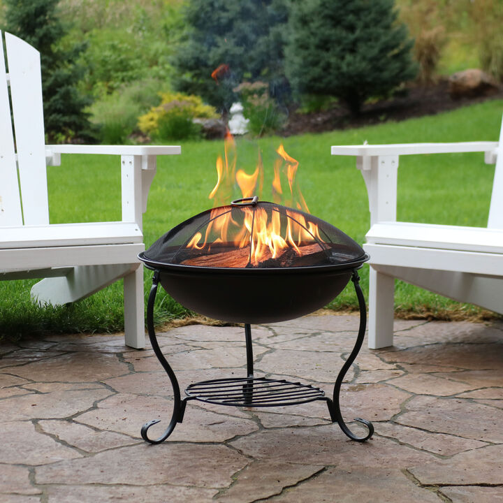 Sunnydaze 18 in Steel Fire Pit Bowl with Stand, Screen, Grate, and Poker