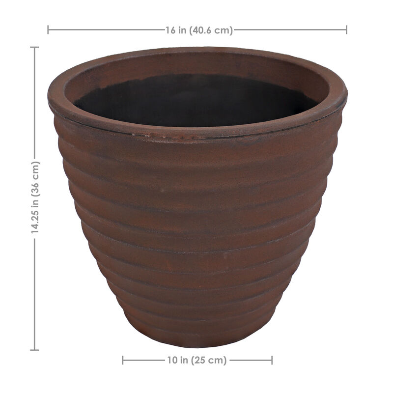 Sunnydaze 16 in Ribbed Polyresin Outdoor Planter - Rust