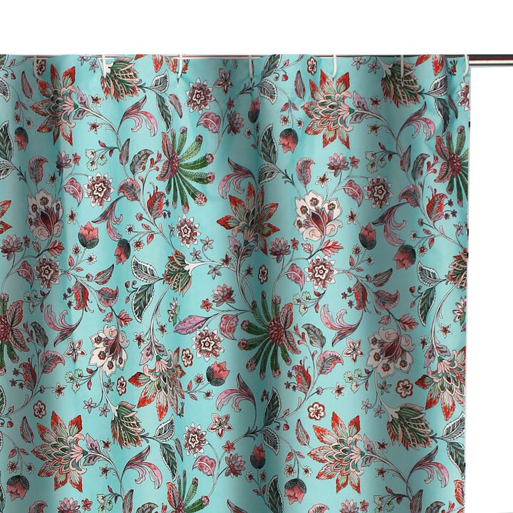 Athens 72 Inch Shower Curtain, Blue Microfiber Polyester, Jacobean Print-Benzara