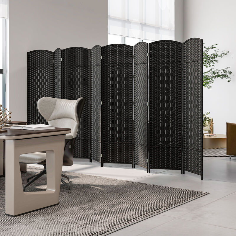 8-Panel Folding Room Divider with Hand-Woven Texture and Solid Wood Frame for Privacy and Decor