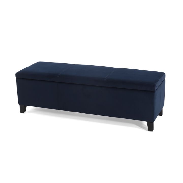 Elias Storage Ottoman Bench, 51 Inch Storage, Dark Navy Blue Velvet -Benzara