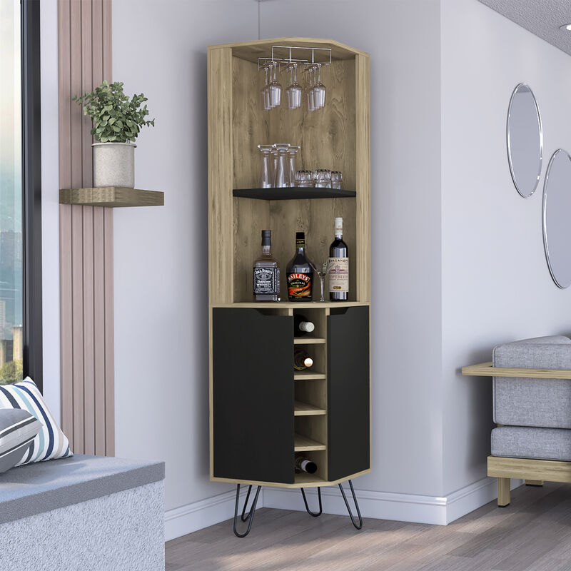 DEPOT E-SHOP Bursan Corner Cabinet Six Built-in Wine Rack, Two Shelves, Four Shelves, Macadamia / Black