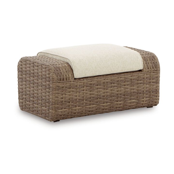 Julia 38 Inch Outdoor Ottoman with Cushion, Resin Wicker, Beige Fabric - Benzara