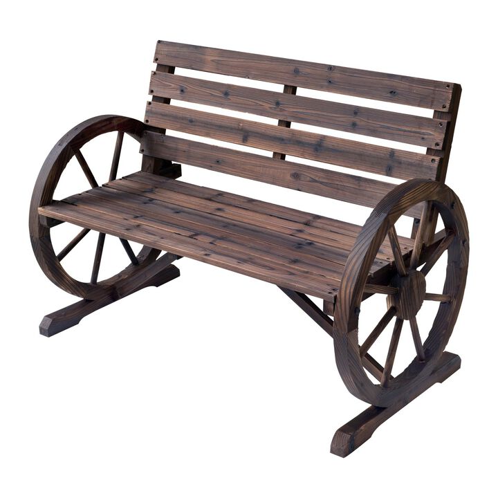 Rustic Outdoor Seating: 2-Person Carbonized Wagon Wheel Bench with Backrest