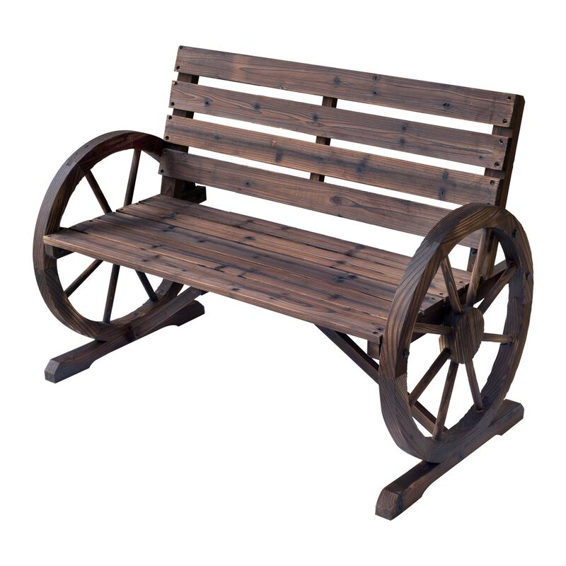 Rustic Outdoor Seating: 2-Person Carbonized Wagon Wheel Bench with Backrest