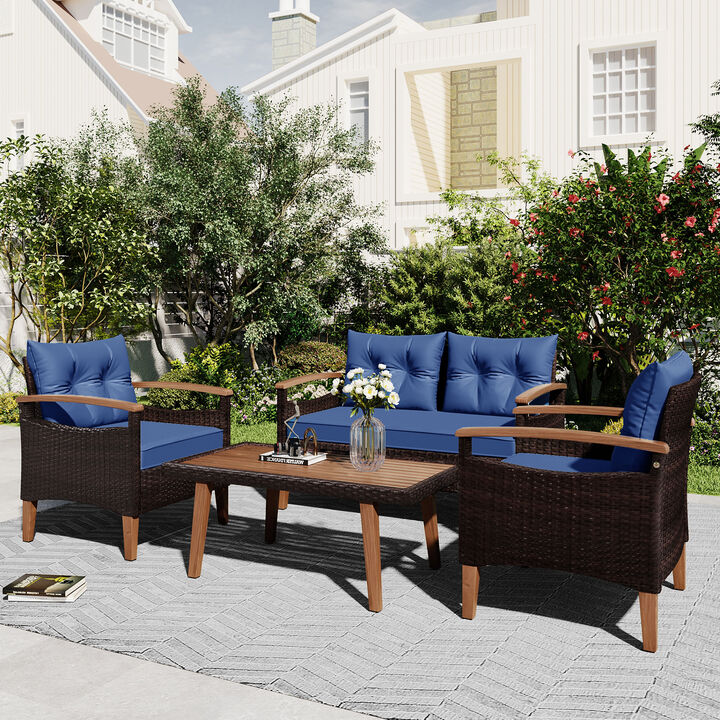 Whisen 4-Piece Patio Seating Set, PE Rattan Outdoor Sofa Set with Wood Table and Legs, Garden Furniture - Beige