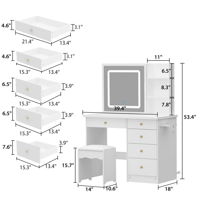 White Makeup Vanity Set Dressing Table with Sliding LED Lighted Mirror Power Strip and Hair Dryer Holder, Drawers, Stool