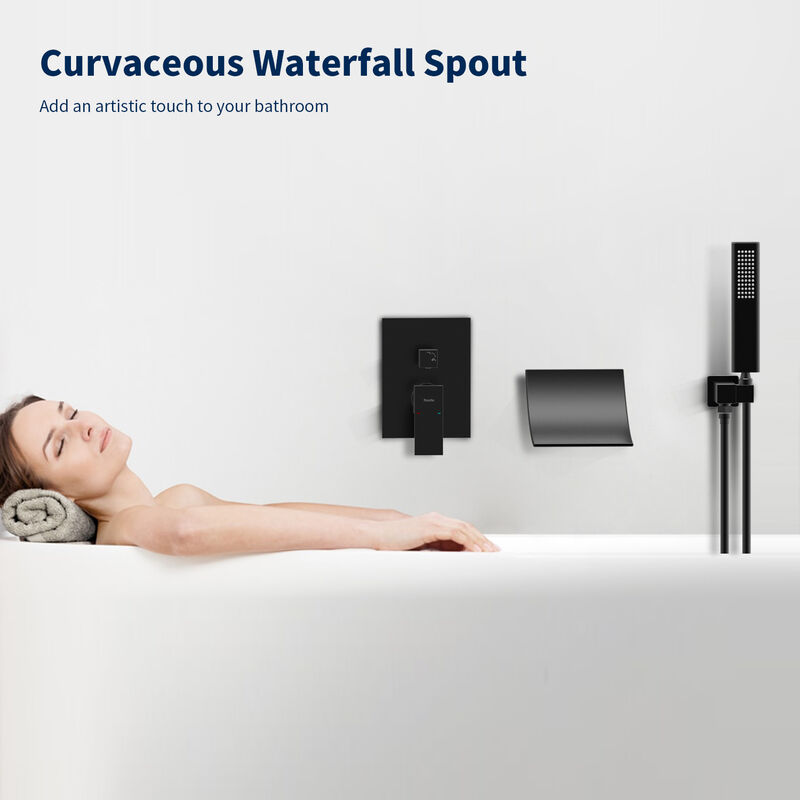 Waterfall Shower Head & Handheld, Single Handle Tub Faucet with Curved Spout