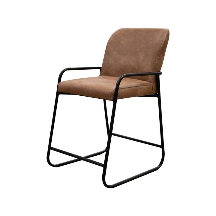 Suze Counter Height Chair, Arched Back, Black, Cognac Brown Faux Leather - Benzara