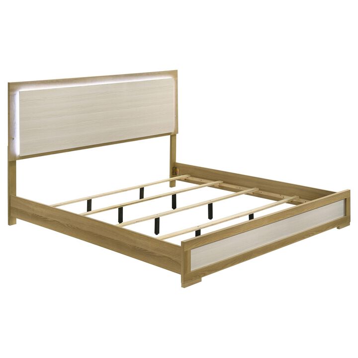 Hyle King Size Bed, Natural Brown Hardwood, LED Backlit Headboard - Benzara