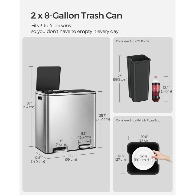 2 x 8 Gallon Black Dual Trash Garbage Can with Lid