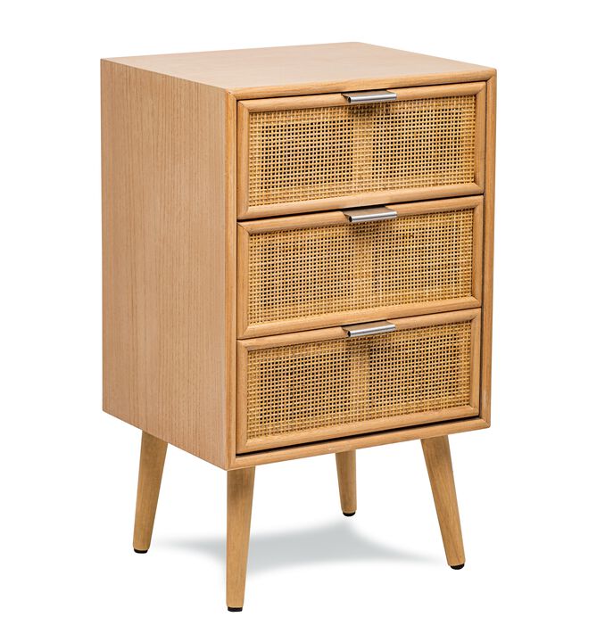 Scandinavian Wooden Commode Chiffonier with 3 Drawers and Rattan Caning