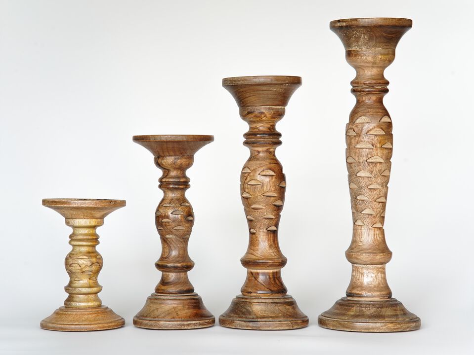 BBH Homes Traditional Medium Burnt Eco-friendly Handmade Mango Wood Set Of Four 6",9",12" & 15" Pillar Candle Holder