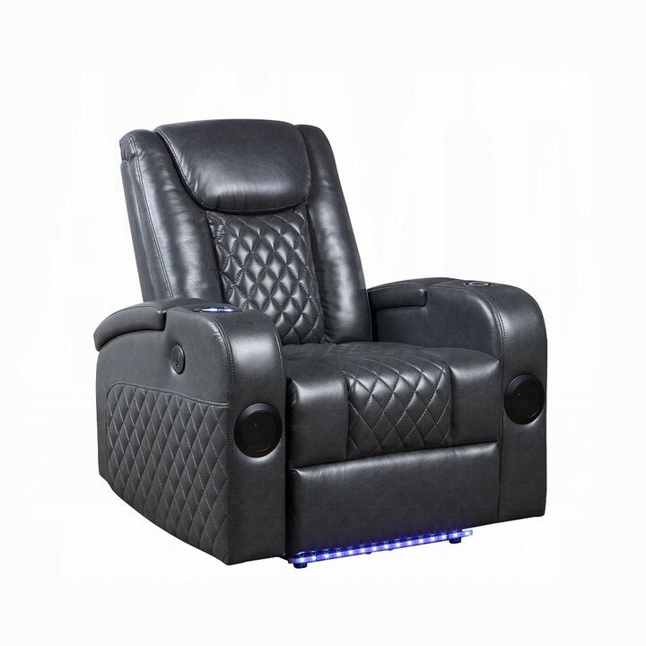Liza Power Motion Recliner Chair, Bluetooth USB, Gray Faux Leather - Benzara