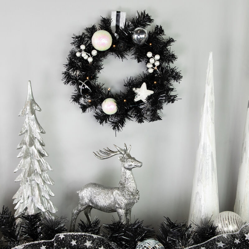 16" Pre-Lit Decorated Black Pine Artificial Christmas Wreath  Cool White LED Lights