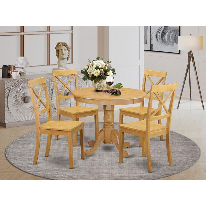East West Furniture Dining Room Set Oak, ANBO5-OAK-W