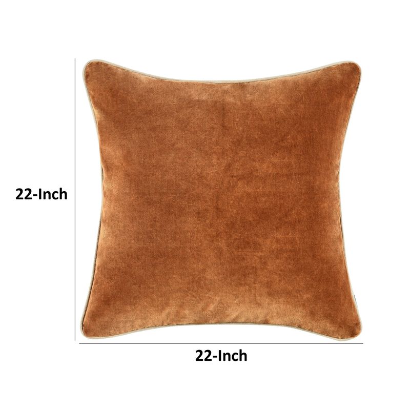 Hillary Throw Pillow, Square 22 Inch Brown Cotton Velvet, Reversible - Benzara