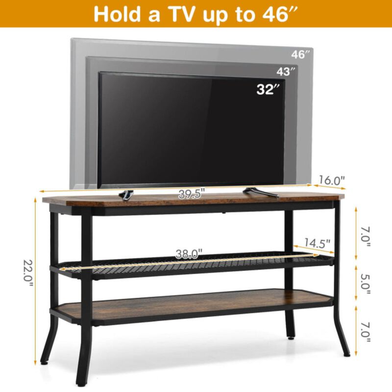 Hivvago 3-tier Console Table TV Stand with Mesh Storage Shelf-Rustic Brown