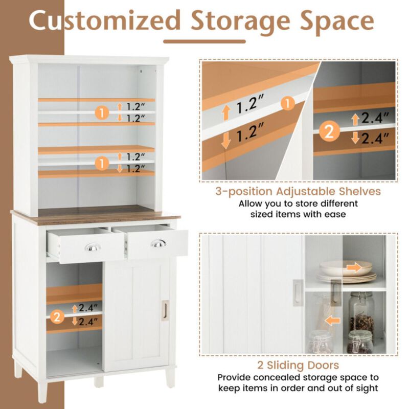 Hivvago Freestanding Kitchen Pantry with Hutch Sliding Door and Drawer-White