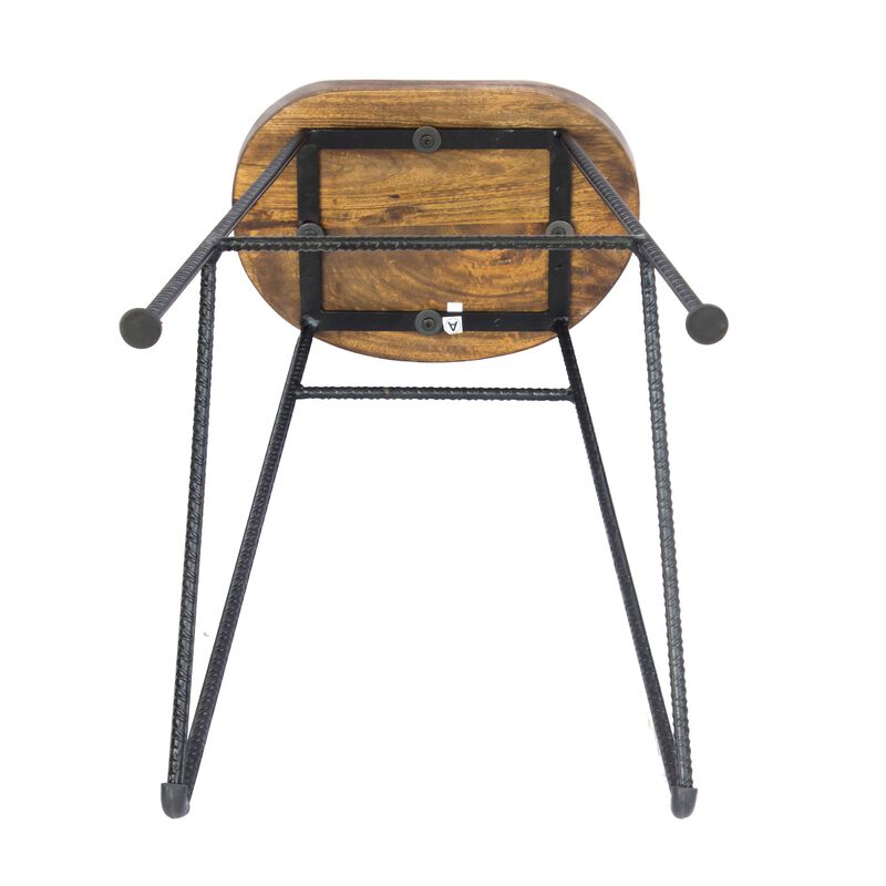 28 Inch Bar Stool with Mango Wood Saddle Seat, Iron Rod Legs, Brown and Black-Benzara