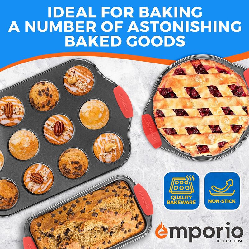 Baking Pan Set - Nonstick Coating, Carbon Steel Bakeware Set with Red Silicone Handles, PFOA, PFOS, PTFE Free, Recipe Booklet Included, Oven Safe Tray (Up To 450° F), Set of 25 - Black