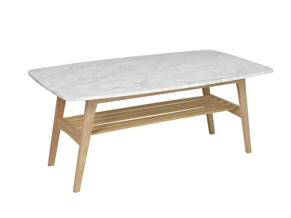 Laura 43" Rectangular Italian Carrara White Marble Coffee Table with Shelf
