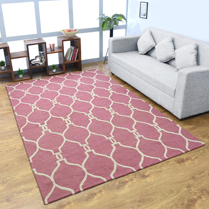 RUGSOTIC CARPETS HAND TUFTED WOOL ECO-FRIENDLY AREA RUGS  - 9'x12', Rectangle Shape, Pink & Beige, Geometric Modern Design, High Pile Handmade Area Rugs for Living Room, Bed Room (K01004)