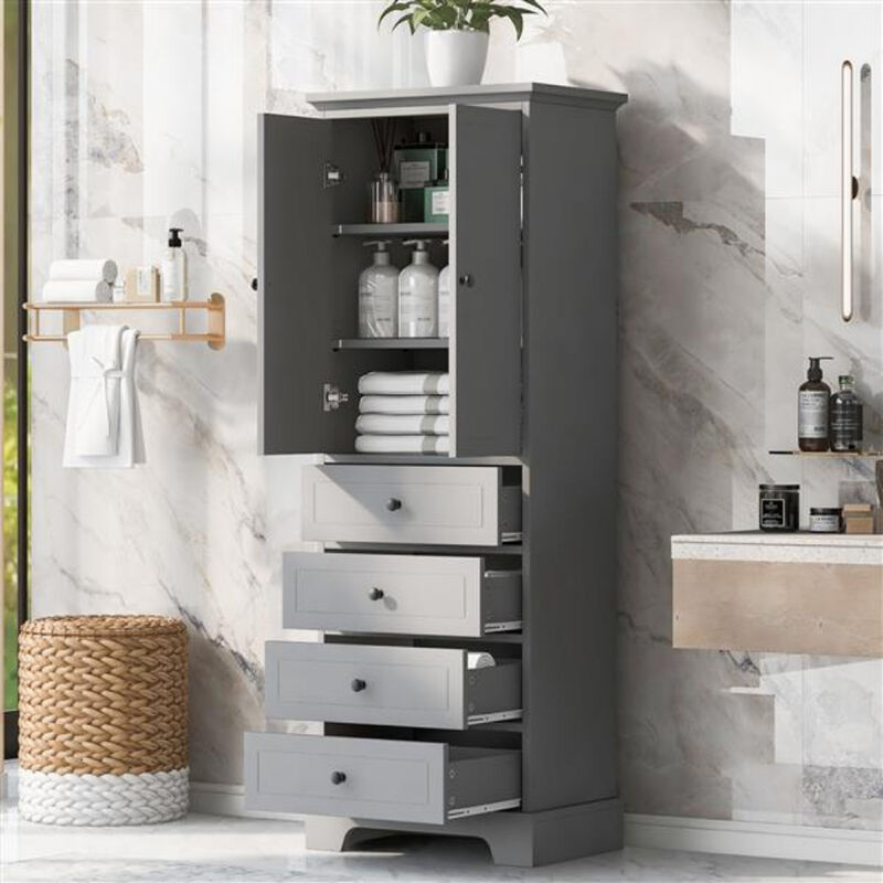 Bathroom Storage Cabinet with Adjustable Shelf, 2 Doors, and 4 Drawers