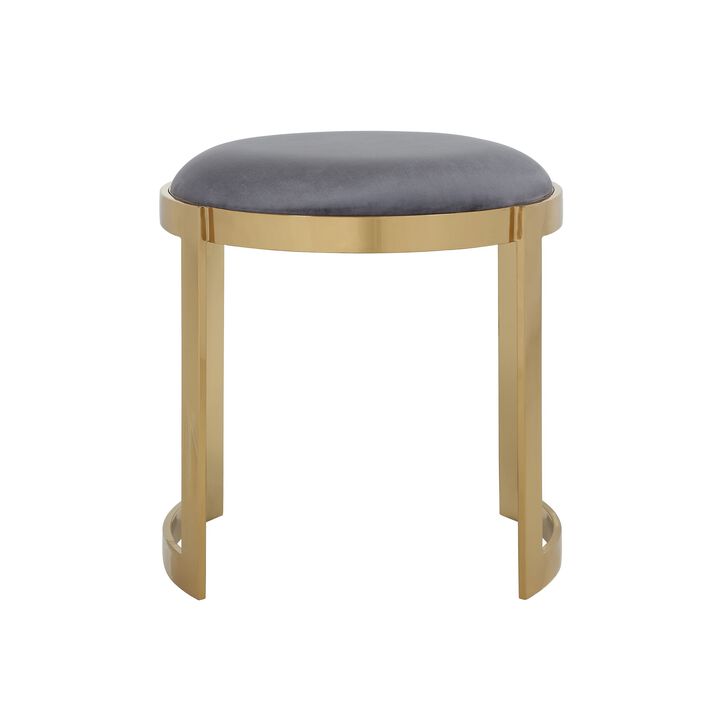 Niyo 19 Inch Accent Stool Ottoman, Round Cushioned Gray Velvet Seat, Gold - Benzara