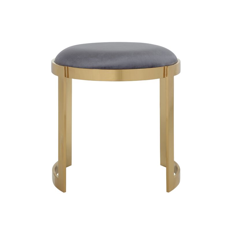 Niyo 19 Inch Accent Stool Ottoman, Round Cushioned Gray Velvet Seat, Gold - Benzara
