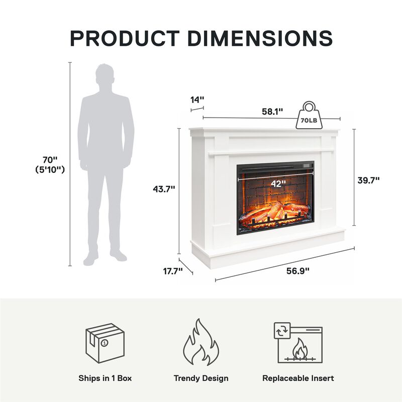 Elmcroft Mantel Fireplace TV Stand for TVs up to 65", White