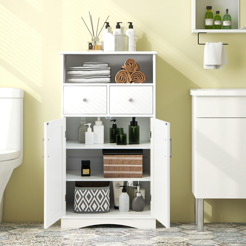 2 Doors Freeestanding Bathroom Floor Cabinet with 2 Drawers and Adjustable Shelves