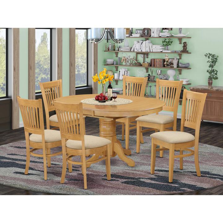 East West Furniture AVVA7-OAK-C 7 Pc Dining set-Dining Table with Leaf and 6 Dinette Chairs.