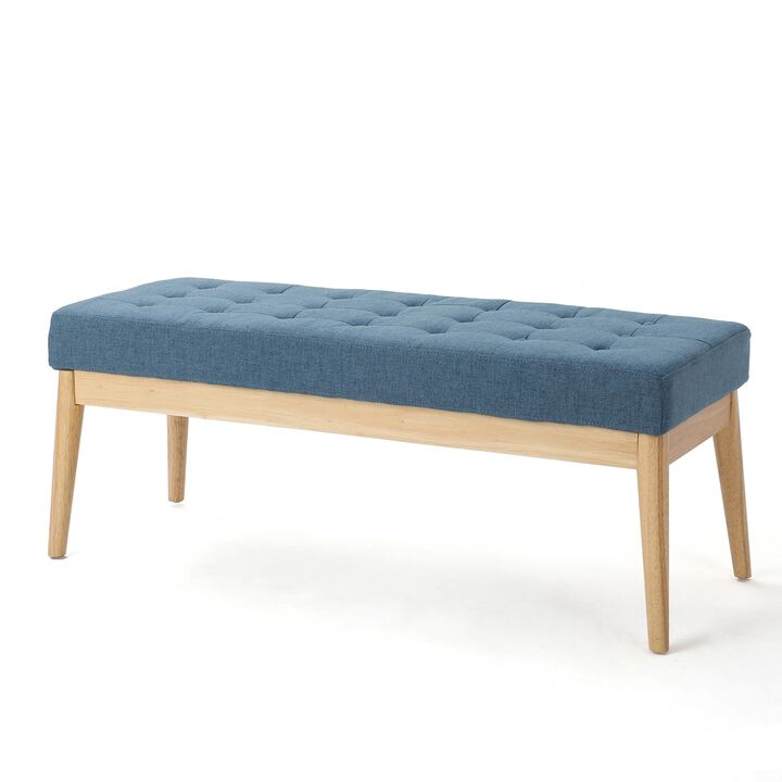 Gisa Ottoman Bench, Blue Fabric Tufted, Natural Brown Wood, 44 Inch -Benzara