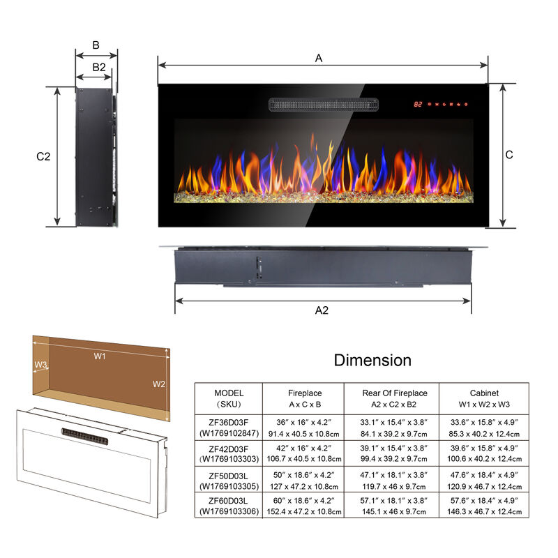Streamdale 60" Wall-Mounted Electric Fireplace with Remote, LED Light Heater