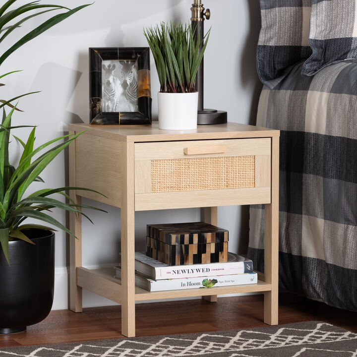 Baxton Studio Sebille  Light Brown Finished Wood 1 Drawer End Table with Natural Rattan