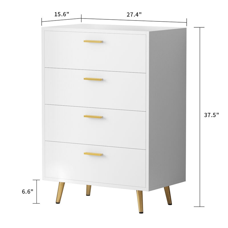 4-Drawers White Wood Chest of Drawer Accent Storage Cabinet Organizer with Metal Leg 37.5 in. Height