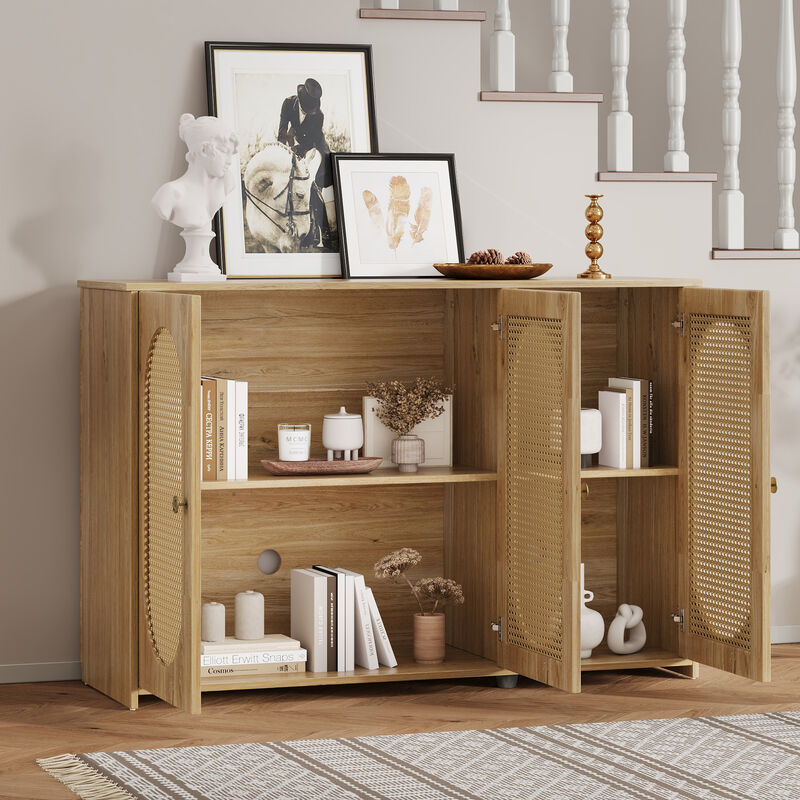 Clihome Retro 3-Door Sideboard with Large Storage Space Artificial Rattan Doors and Metal Handles, Accent Cabinet for Living Room and Hallway (Natural Wood)