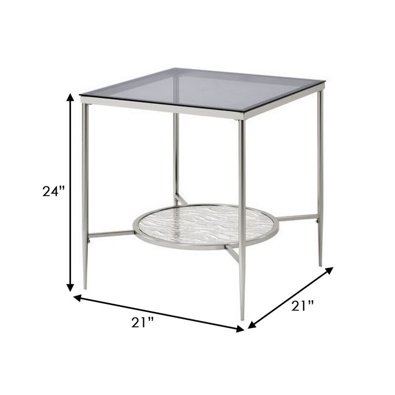 End Table with Textured Round Shelf, Silver-Benzara