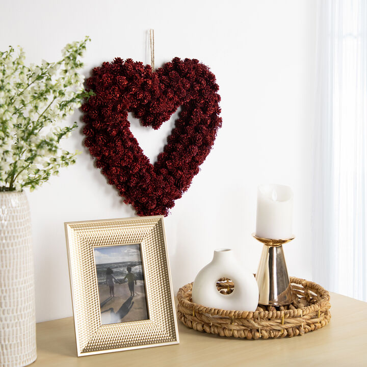 Pine Cone Rose Valentine's Day Wooden Heart Wreath - 14" - Red