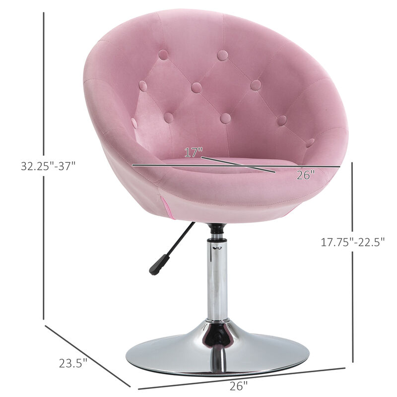 HOMCOM Modern Makeup Vanity Chair Round Tufted Swivel Accent Chair with Chrome Frame Height Adjustable for Living Room, Bedroom Pink