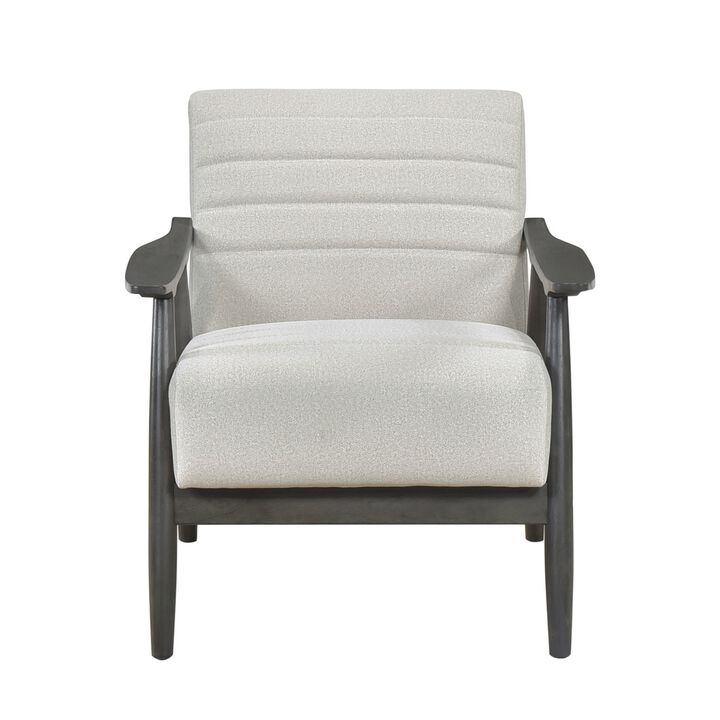 Tira 32 Inch Accent Chair, Channel Stitched, White Velvet, Gray Solid Wood - Benzara