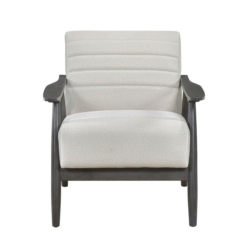 Tira 32 Inch Accent Chair, Channel Stitched, White Velvet, Gray Solid Wood - Benzara