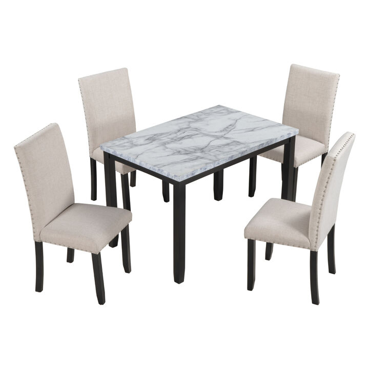Faux Marble 5-Piece Dining Set Table With 4 Thicken Cushion Dining Chairs Home Furniture